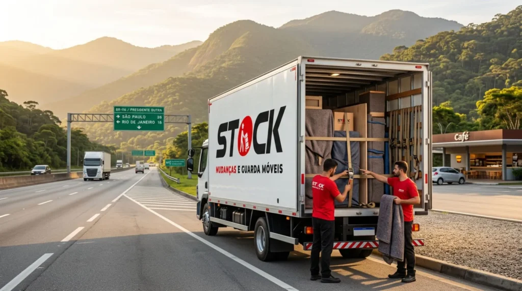 Transporte de móveis do Rio de Janeiro para São Paulo: como funciona 6 Caminhão da Stock Mudanças RJ transportando móveis do Rio de Janeiro para São Paulo pela Rodovia Presidente Dutra.