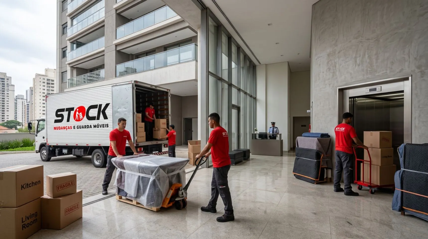 Caminhão tipo VUC realizando o transporte seguro de mudança para apartamento em São Paulo em via urbana movimentada