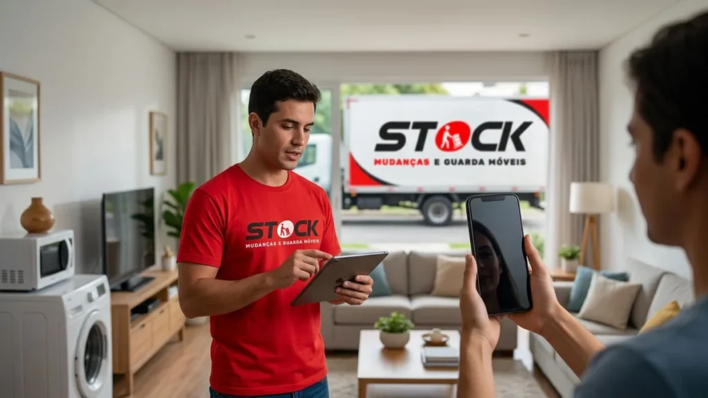 Consultor da Stock Mudanças RJ realizando vistoria técnica presencial e remota para planejar uma mudança residencial com segurança.